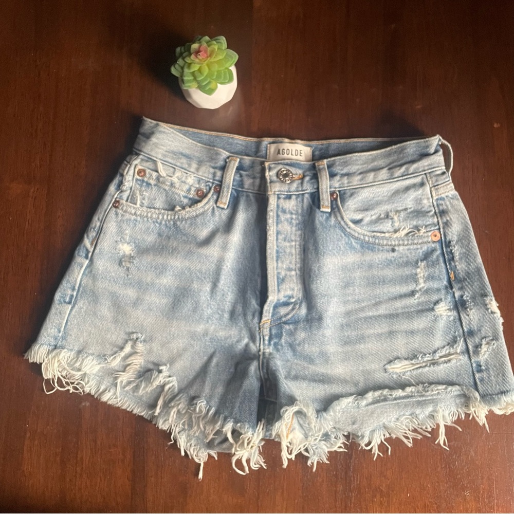 Agolde Parker Light Blue Cut Off Denim Button Fly Jean Shorts Size 24